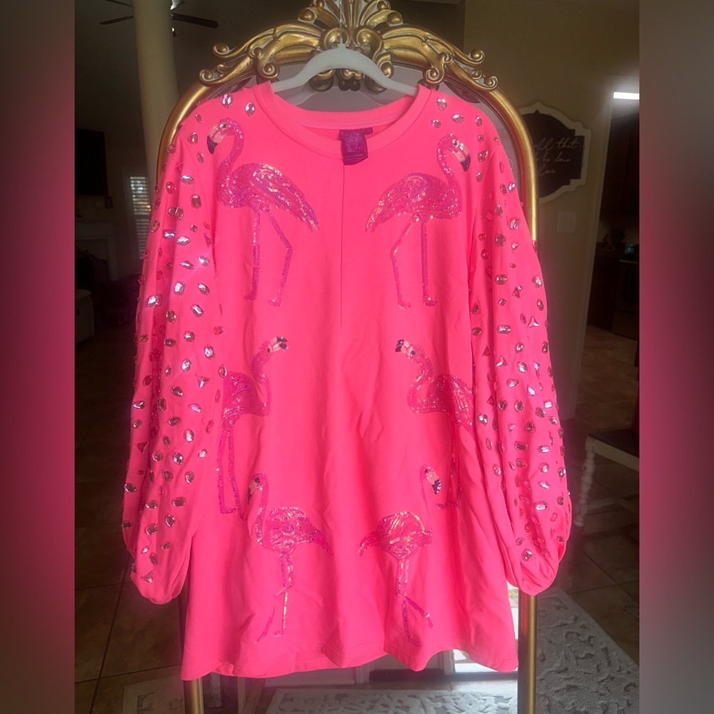QUEEN OF SPARKLES Neon Pink Embellished Flamingo Dress - Picture 3 of 7